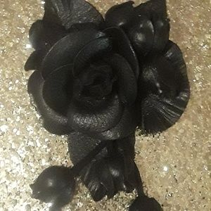 Black Leather Rose Brooch